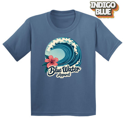 Flat lay of Indigo Blue Hibiscus Wave tee by Blue Water Apparel
