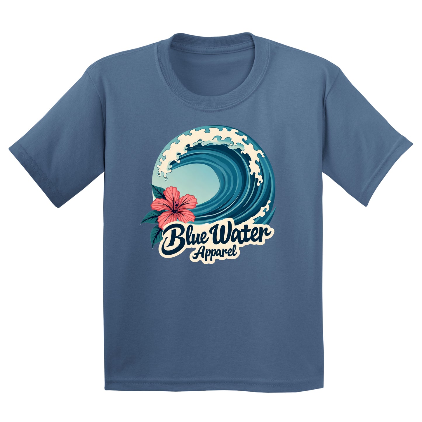 flat lay indigo blue hibiscus wave kids tee by blue water apparel