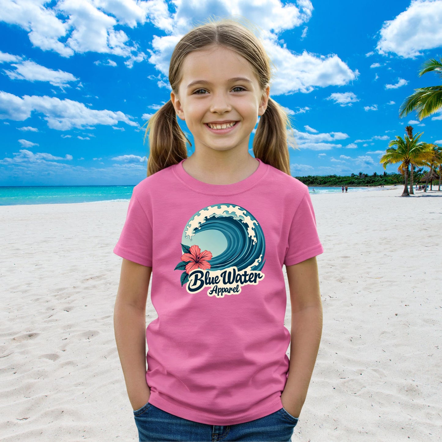 Kid model wearing azalea hibiscus wave tee by blue water apparel