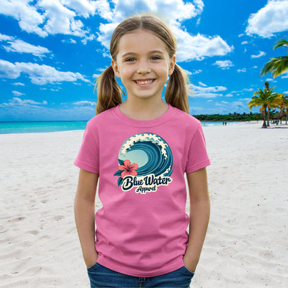 Kid model wearing azalea hibiscus wave tee by blue water apparel