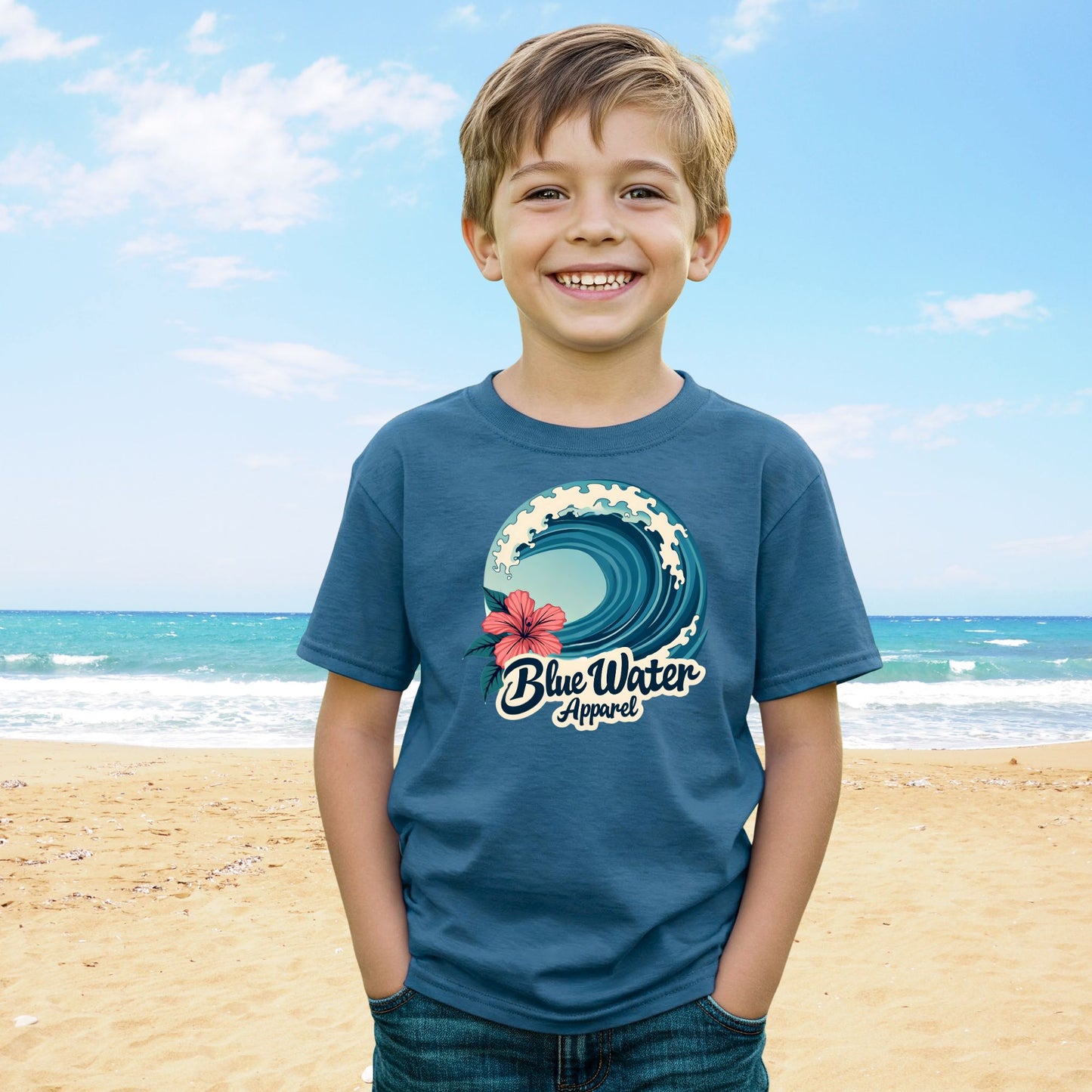 Child wearing an indigo blue hibiscus wave tee by blue water apparel