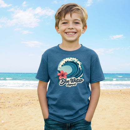 Child wearing an indigo blue hibiscus wave tee by blue water apparel