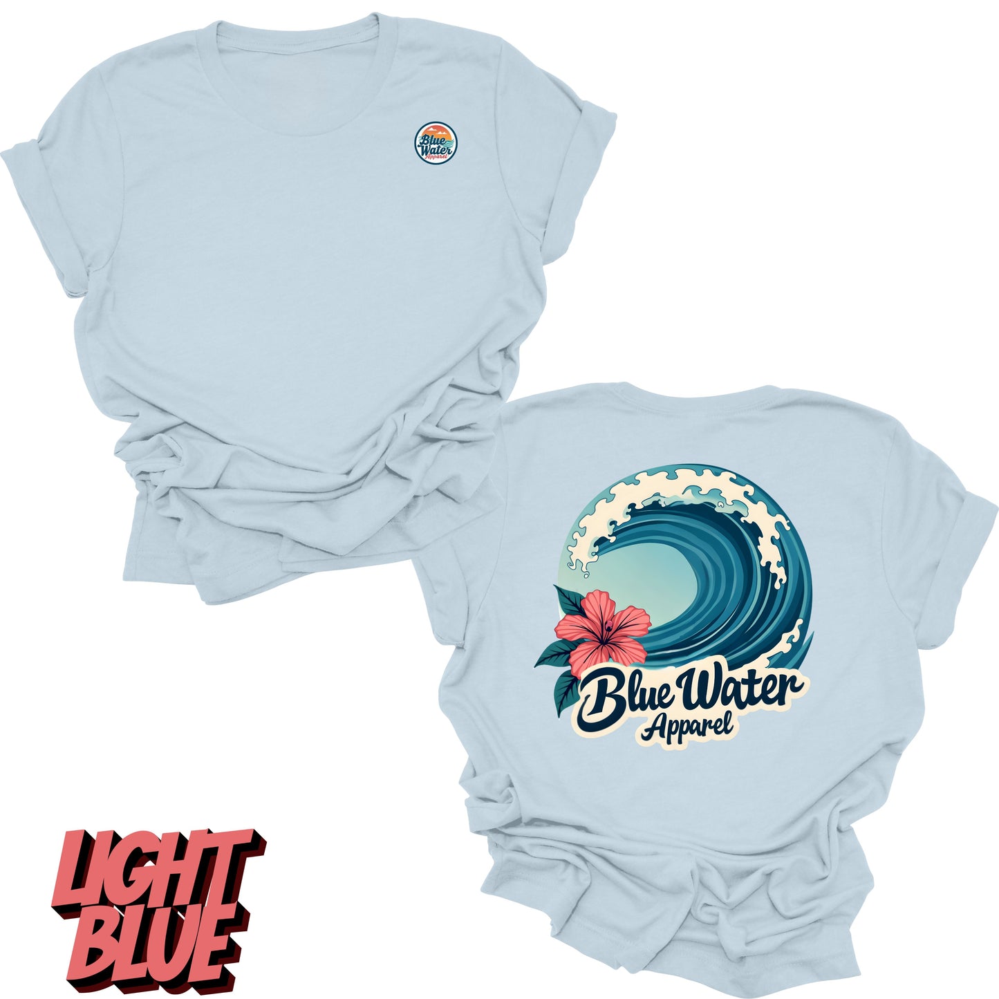 Flat Lay light blue back graphic of hibiscus wave by blue water apparel