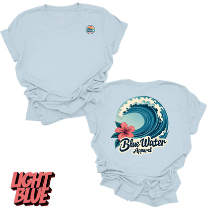 Flat Lay light blue back graphic of hibiscus wave by blue water apparel