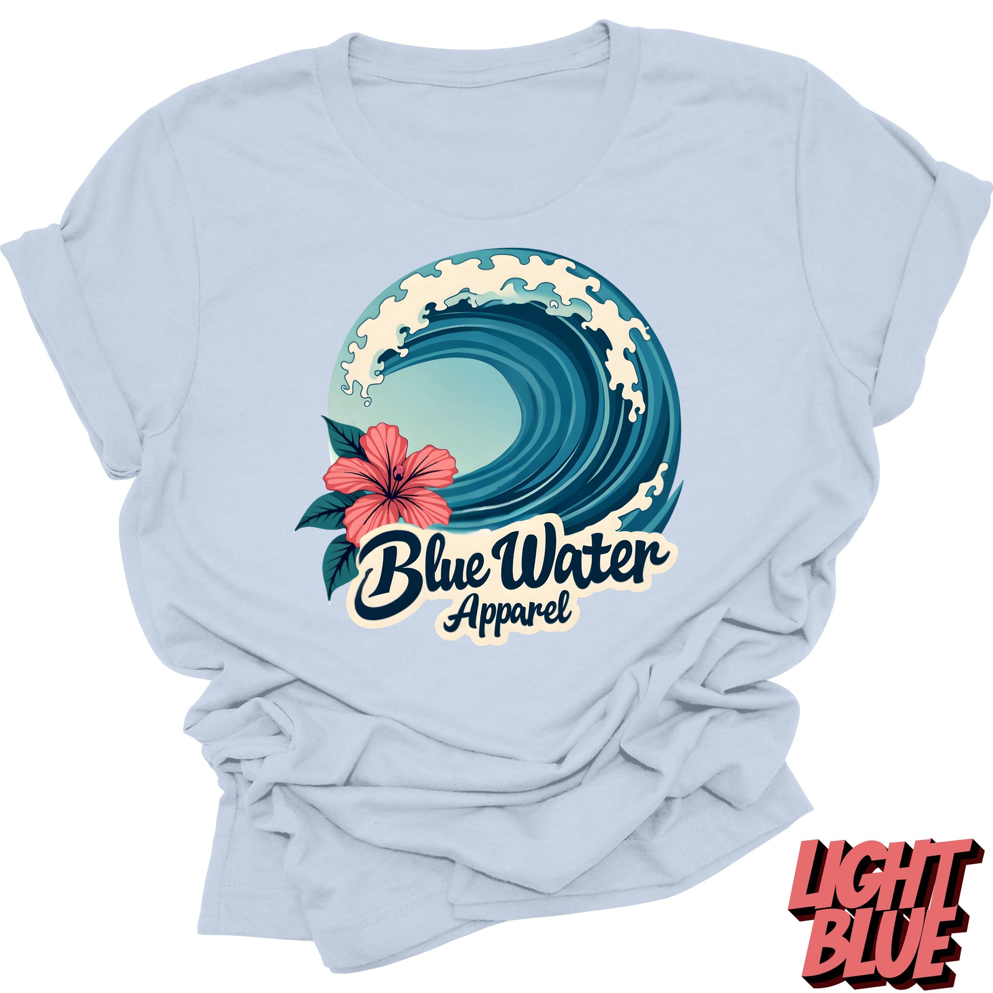 Front graphic light blue hibiscus wave tee blue water apparel