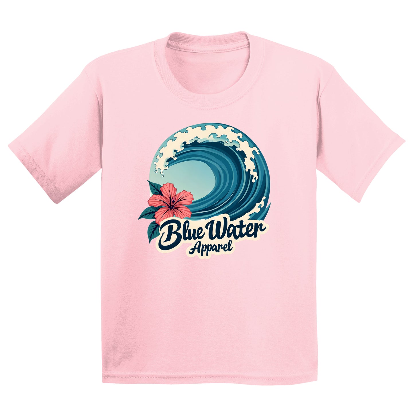 flat lay light pink hibiscus wave kids tee by blue water apparel
