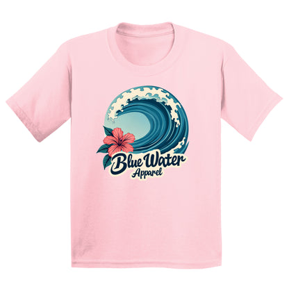 flat lay light pink hibiscus wave kids tee by blue water apparel