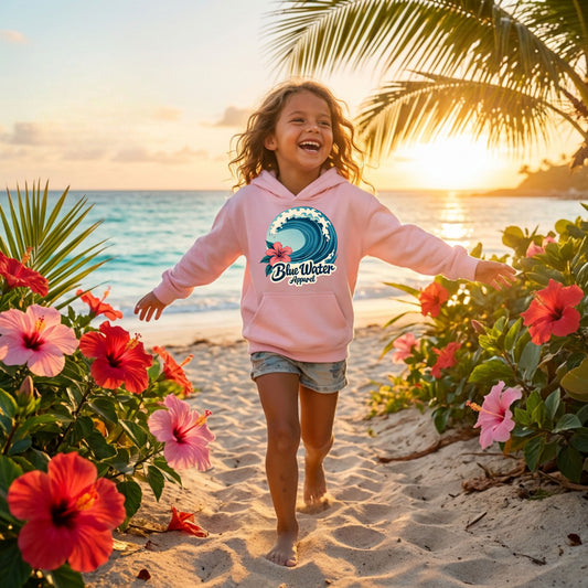 girl wearing light pink hibiscus wave kids hoodie running down hibiscus tropical beach trail by blue water apparel