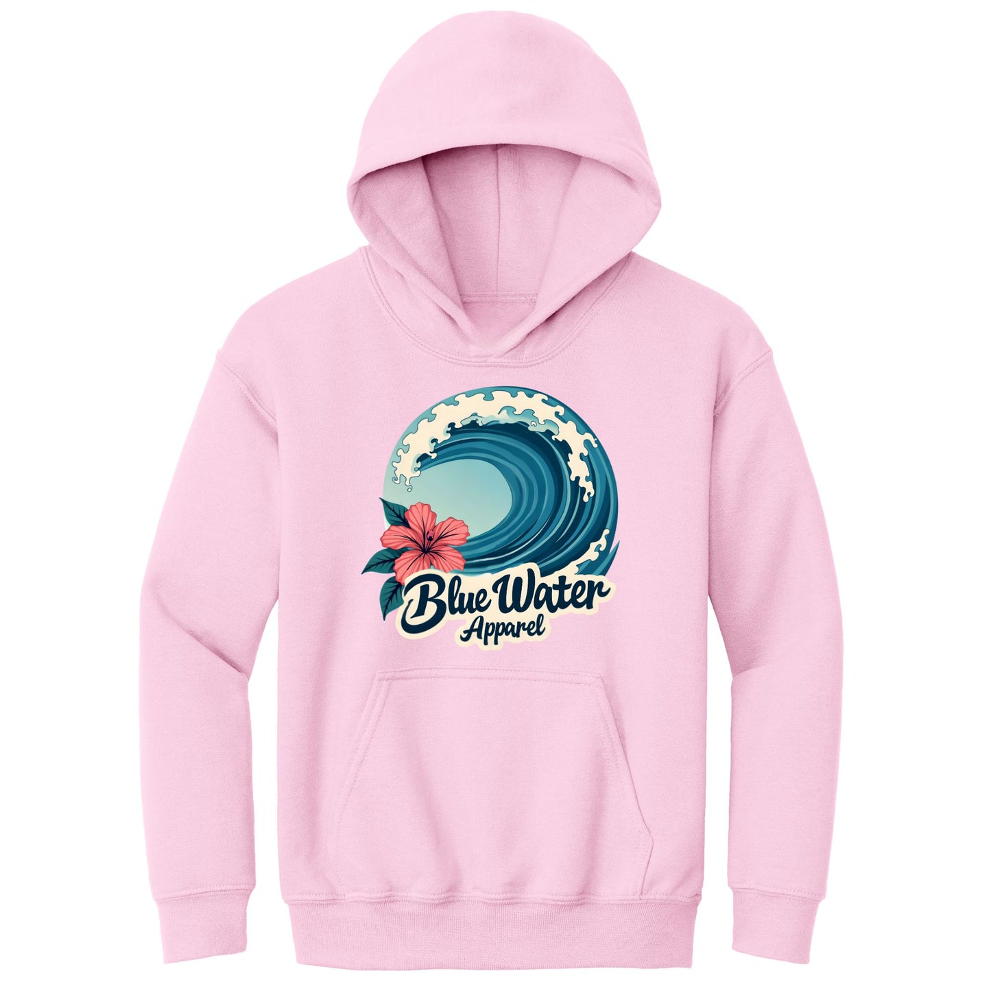 flat lay light pink hibiscus wave kids hoodie by blue water apparel