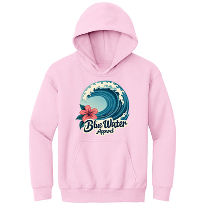 flat lay light pink hibiscus wave kids hoodie by blue water apparel