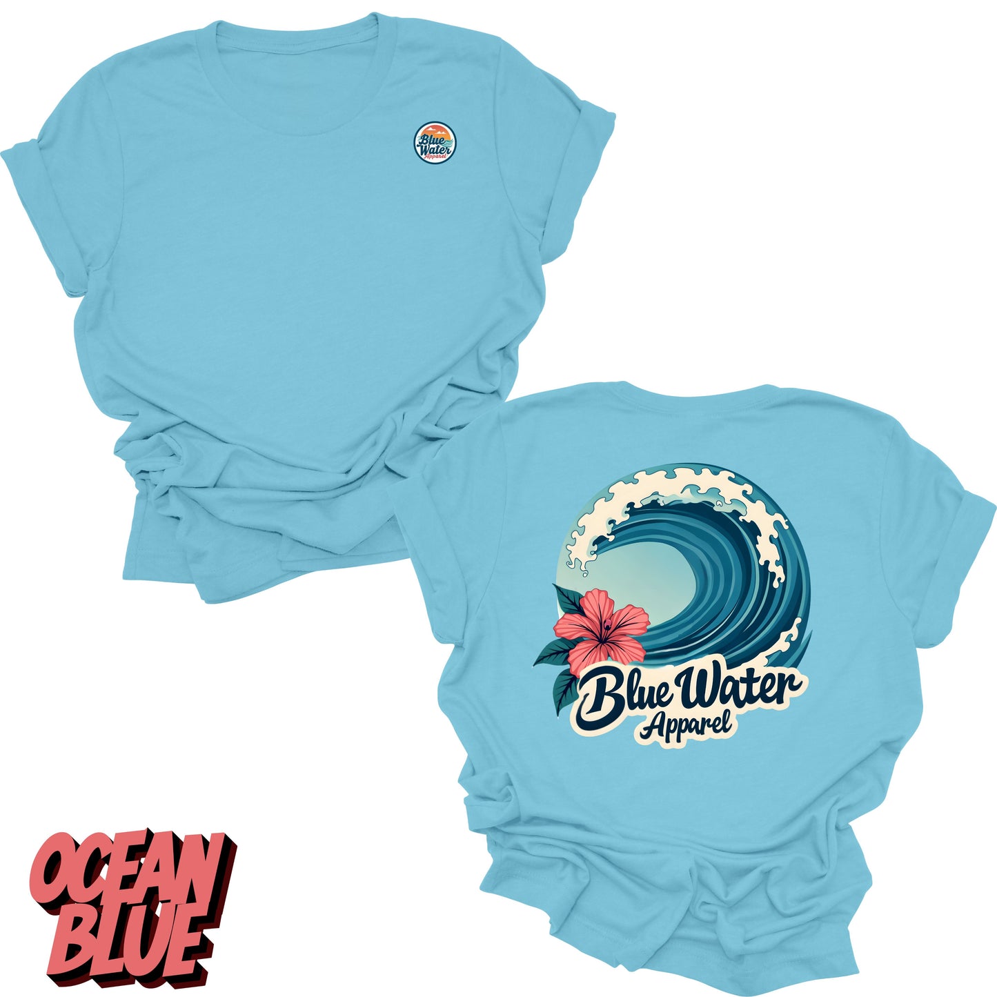 Flat Lay of Ocean Blue Hibiscus Wave tee by blue water apparel