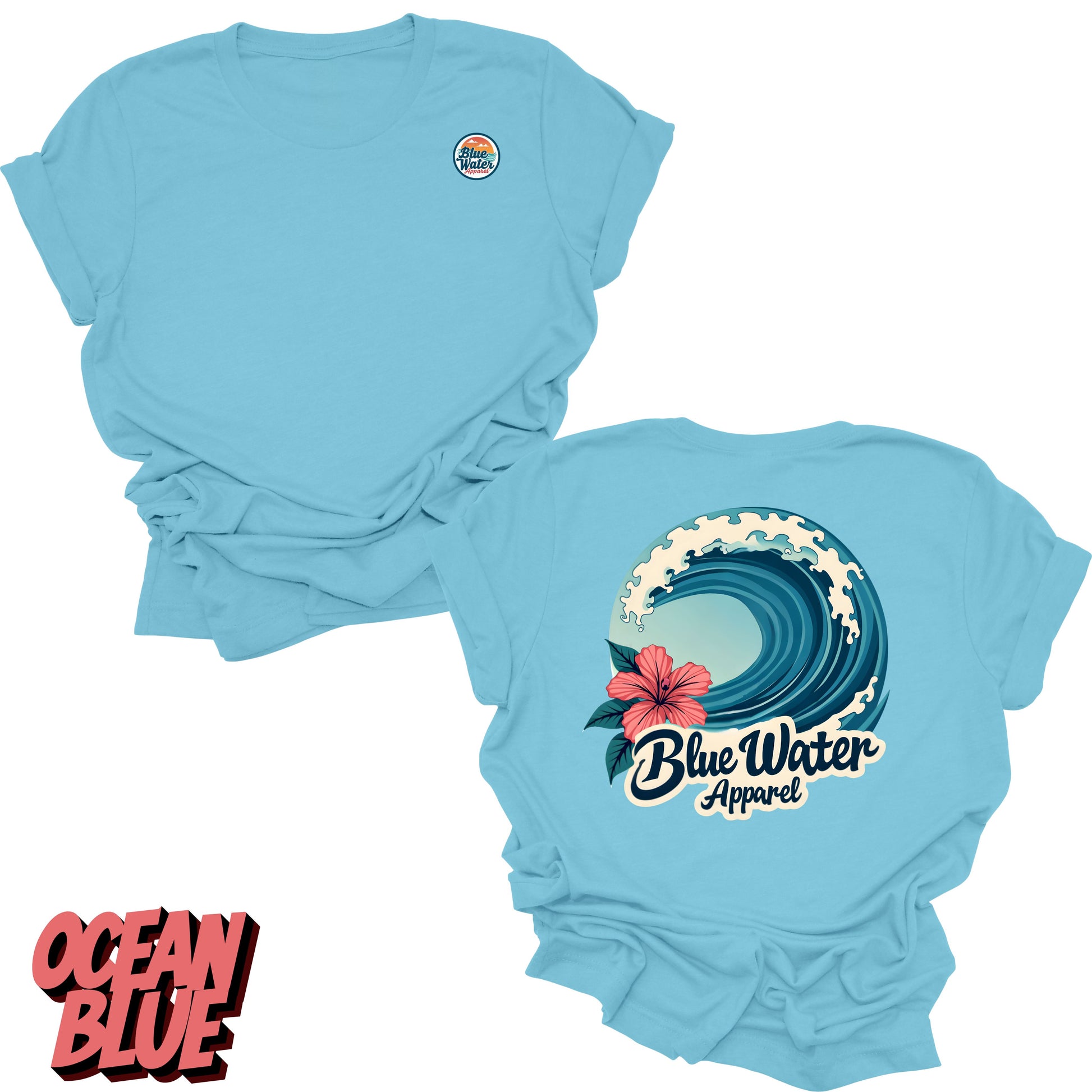 Flat Lay of Ocean Blue Hibiscus Wave tee by blue water apparel