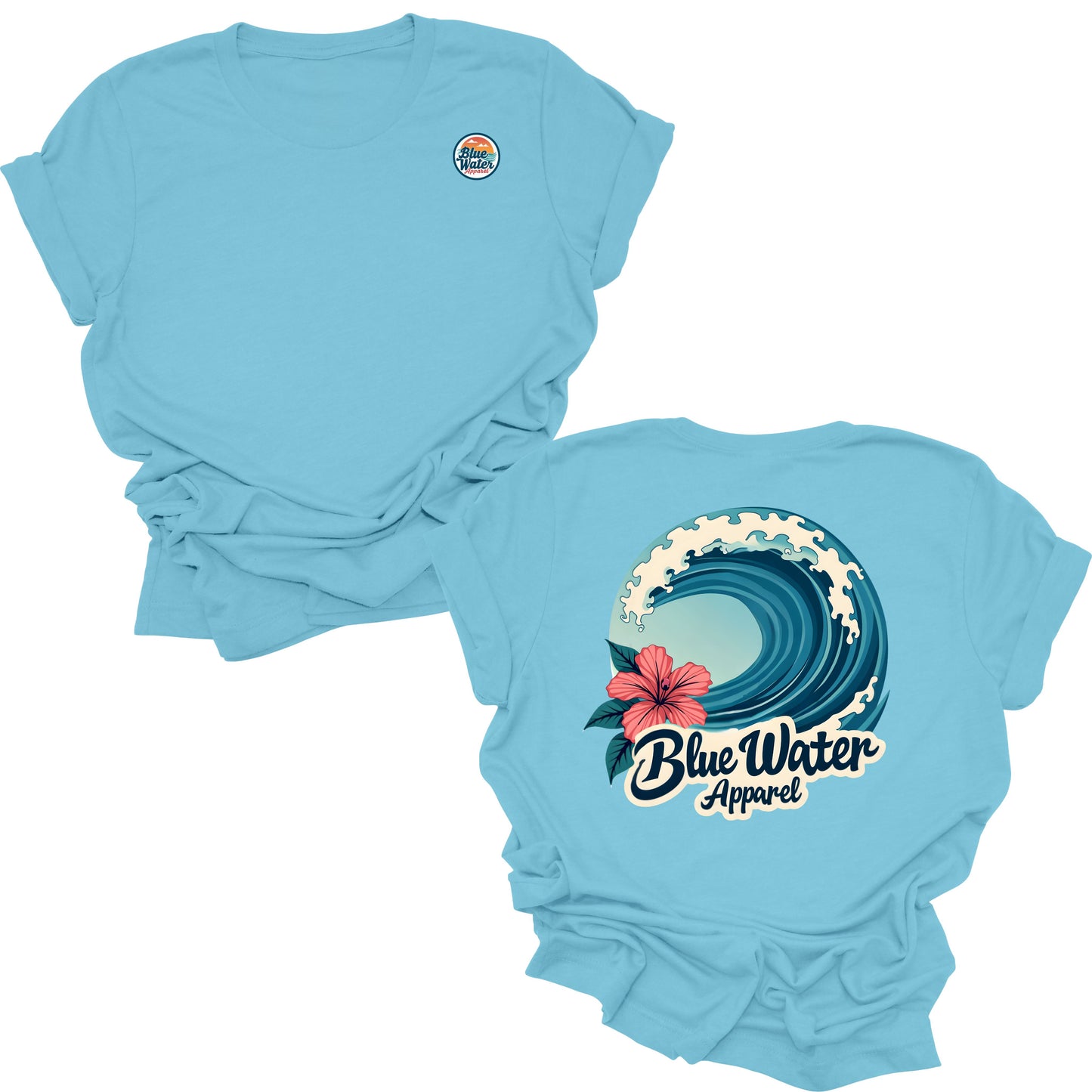 flat lay ocean blue hibiscus wave tee by blue water apparel