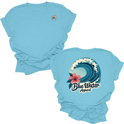 flat lay ocean blue hibiscus wave tee by blue water apparel