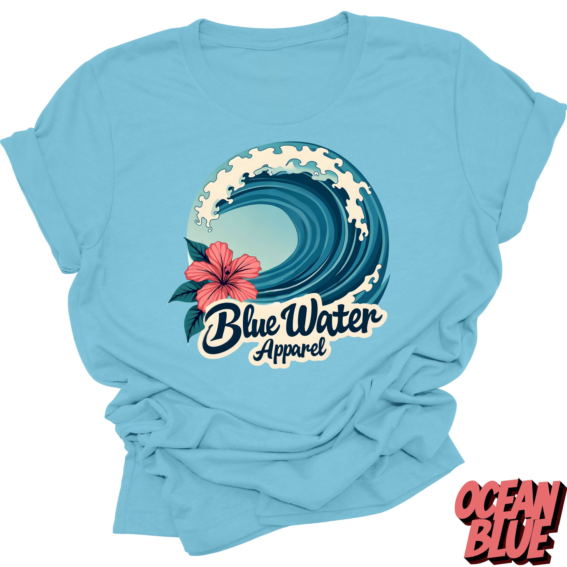 Front graphic ocean blue hibiscus wave tee blue water apparel