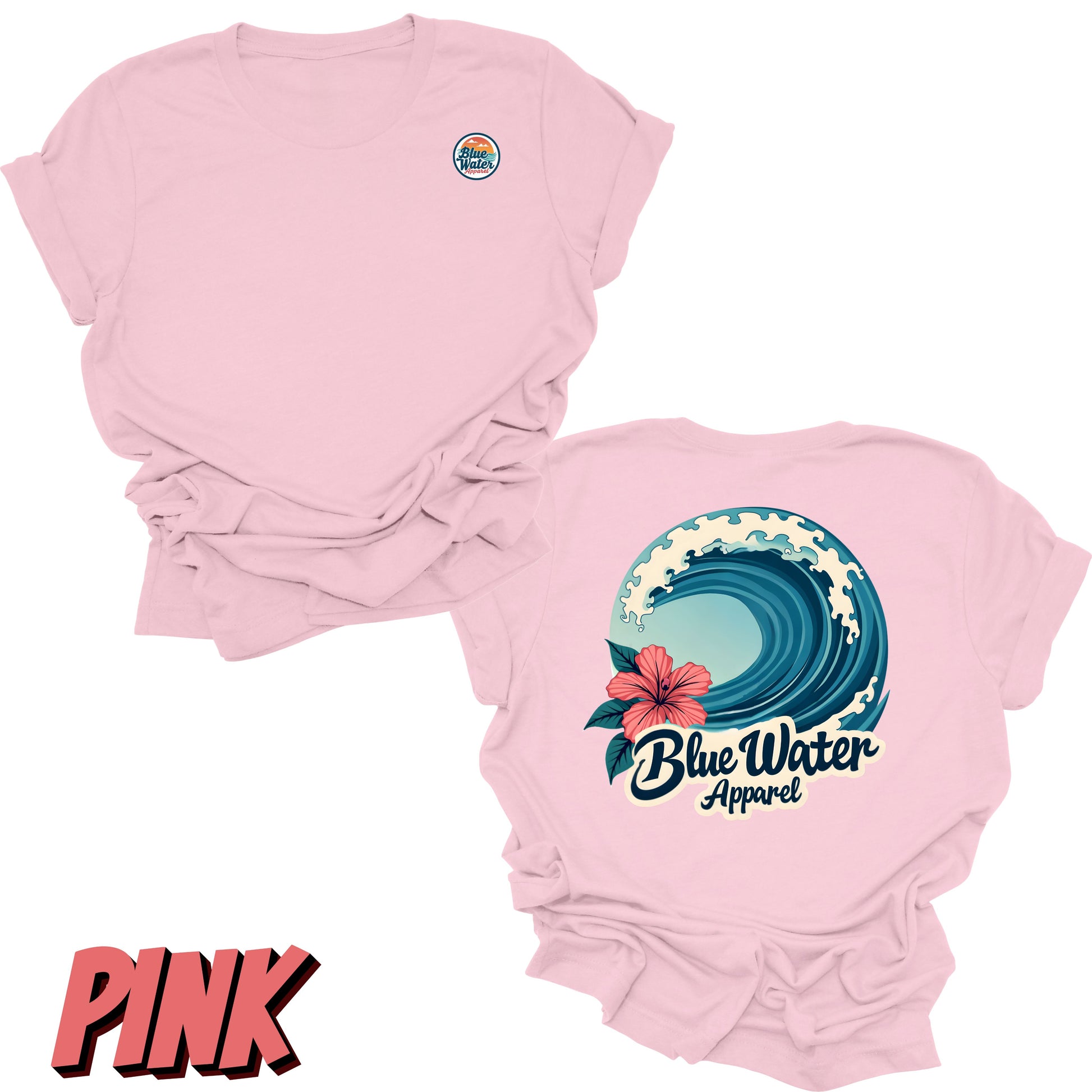 Flat Lay pink back graphic of hibiscus wave by blue water apparel