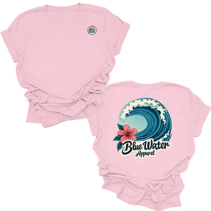 flat lay pink hibiscus wave tee by blue water apparel