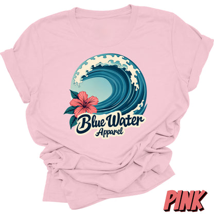 Front graphic pink hibiscus wave tee blue water apparel