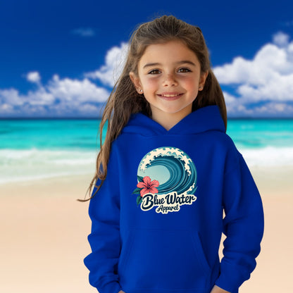 child model on beach wearing royal hibiscus wave kids hoodie by blue water apparel