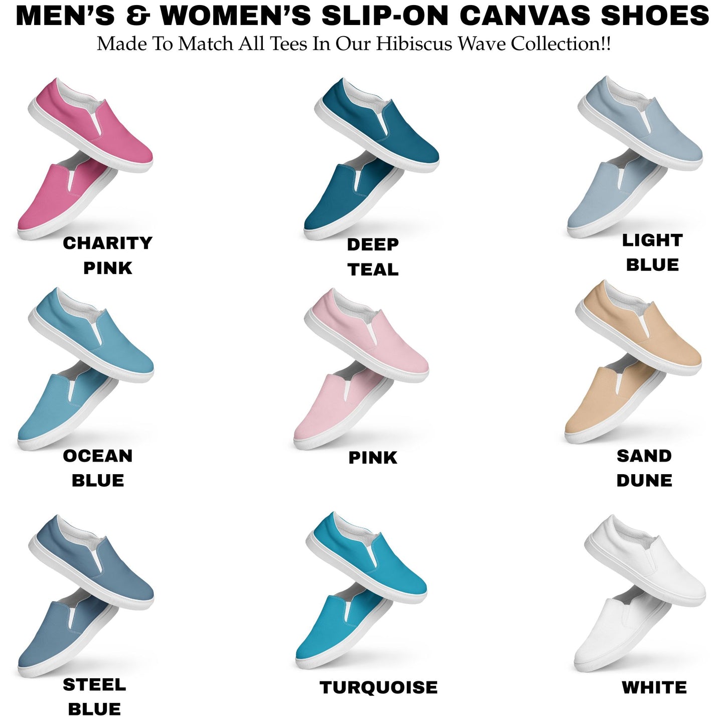 matching slip on canvas shoes for all tees in Hibiscus wave collection by blue water apparel