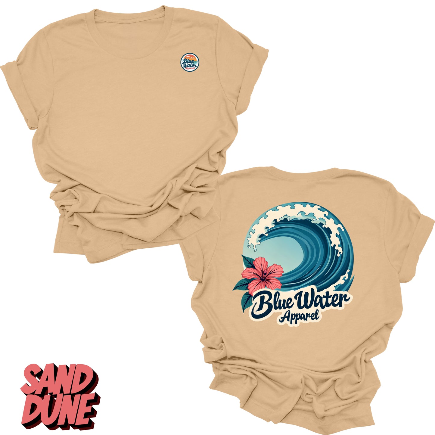 Flat Lay sand dune back graphic of hibiscus wave by blue water apparel