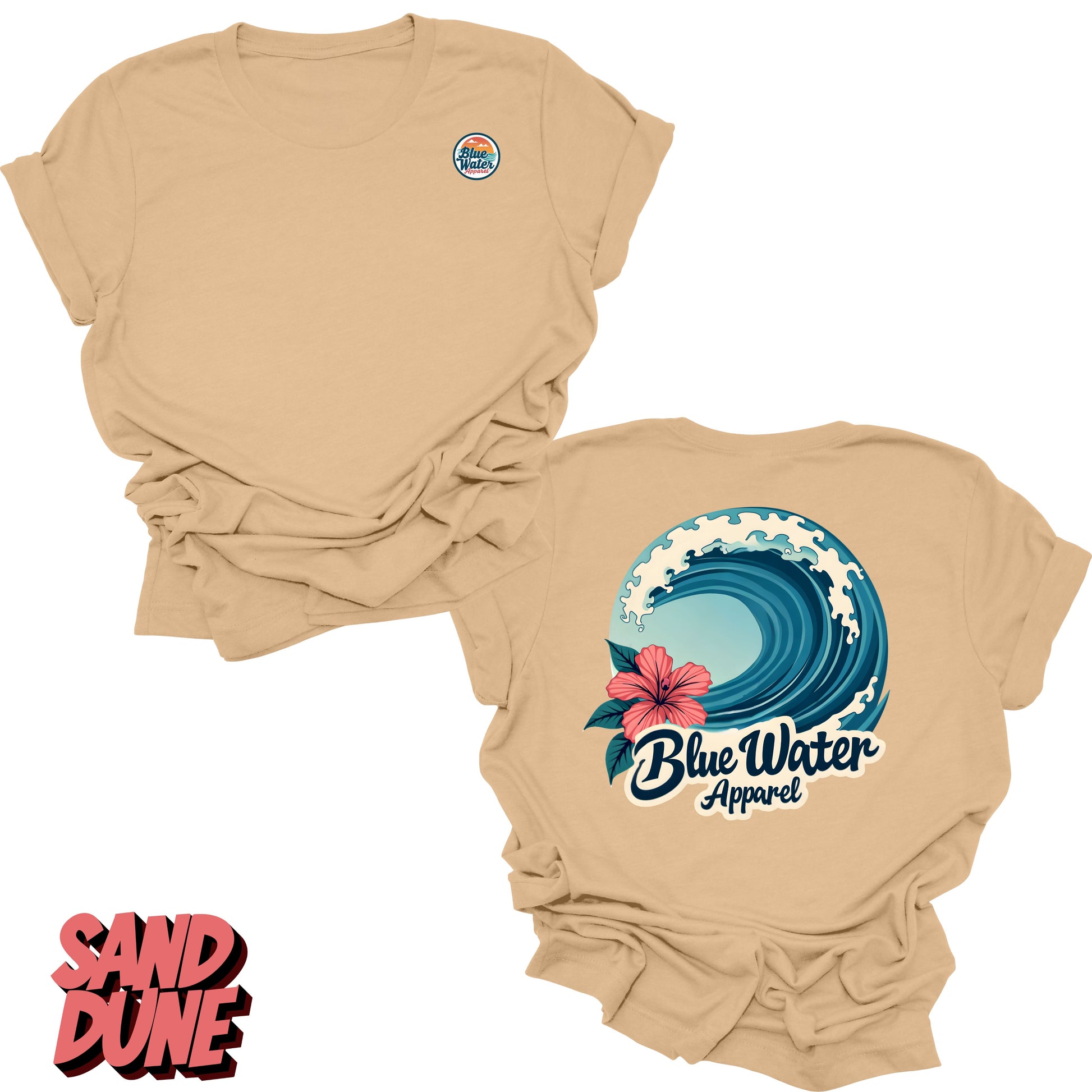 Flat Lay sand dune back graphic of hibiscus wave by blue water apparel