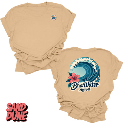 Flat Lay sand dune back graphic of hibiscus wave by blue water apparel
