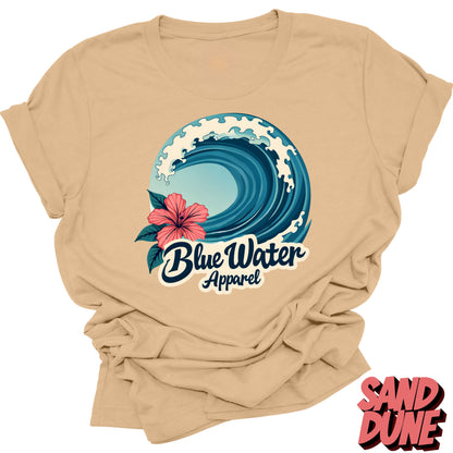 Front graphic sand dune hibiscus wave tee blue water apparel