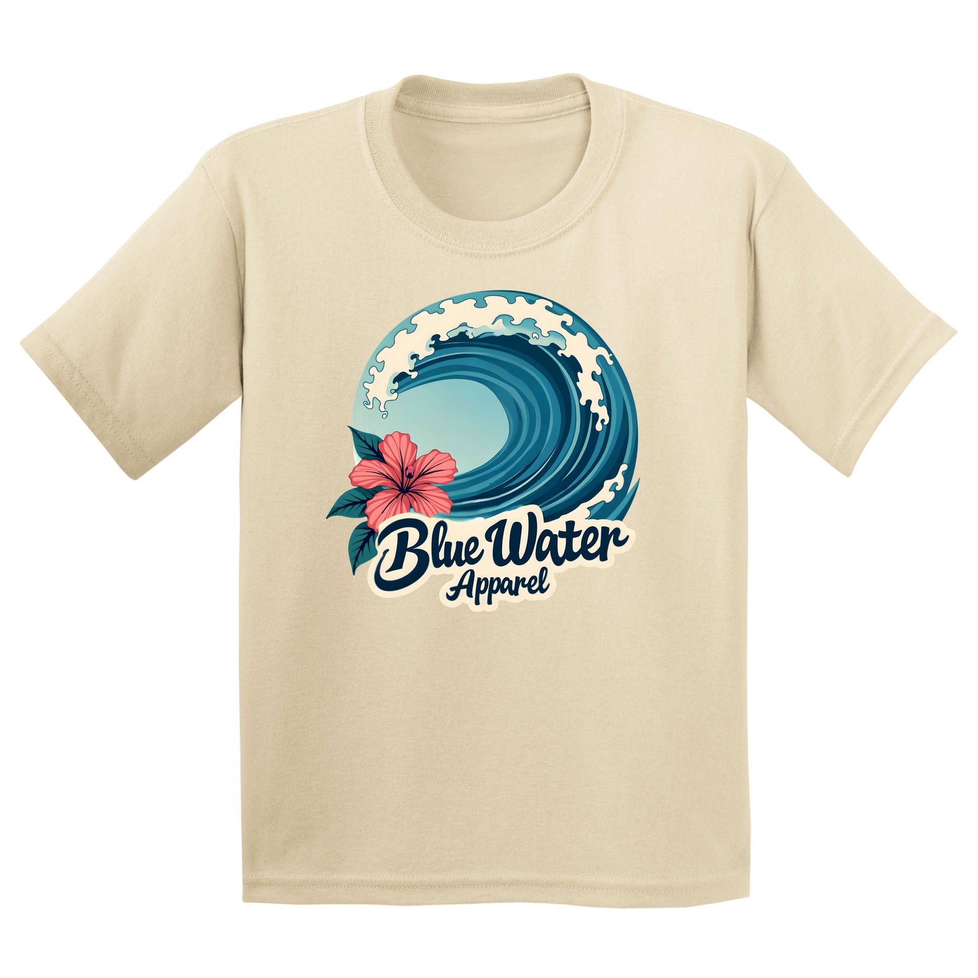 flat lay sand hibiscus wave kids tee by blue water apparel