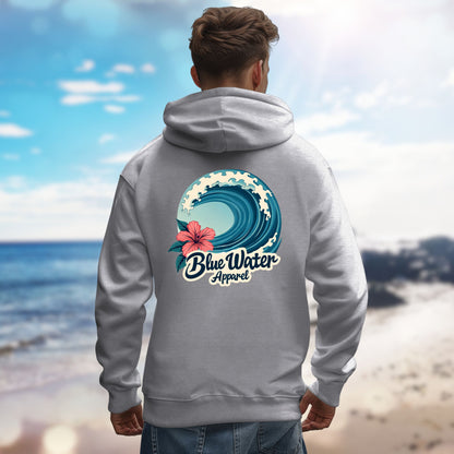 male model on beach wearing sport grey hibiscus wave hoodie by blue water apparel