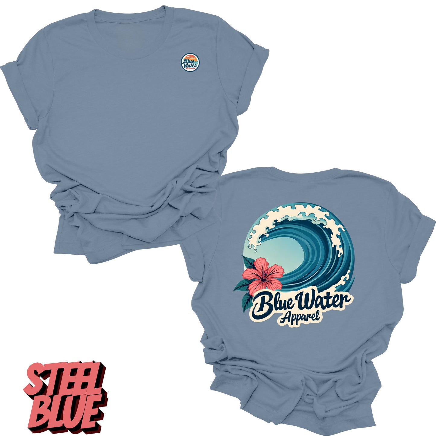 Flat Lay steel blue back graphic of hibiscus wave by blue water apparel