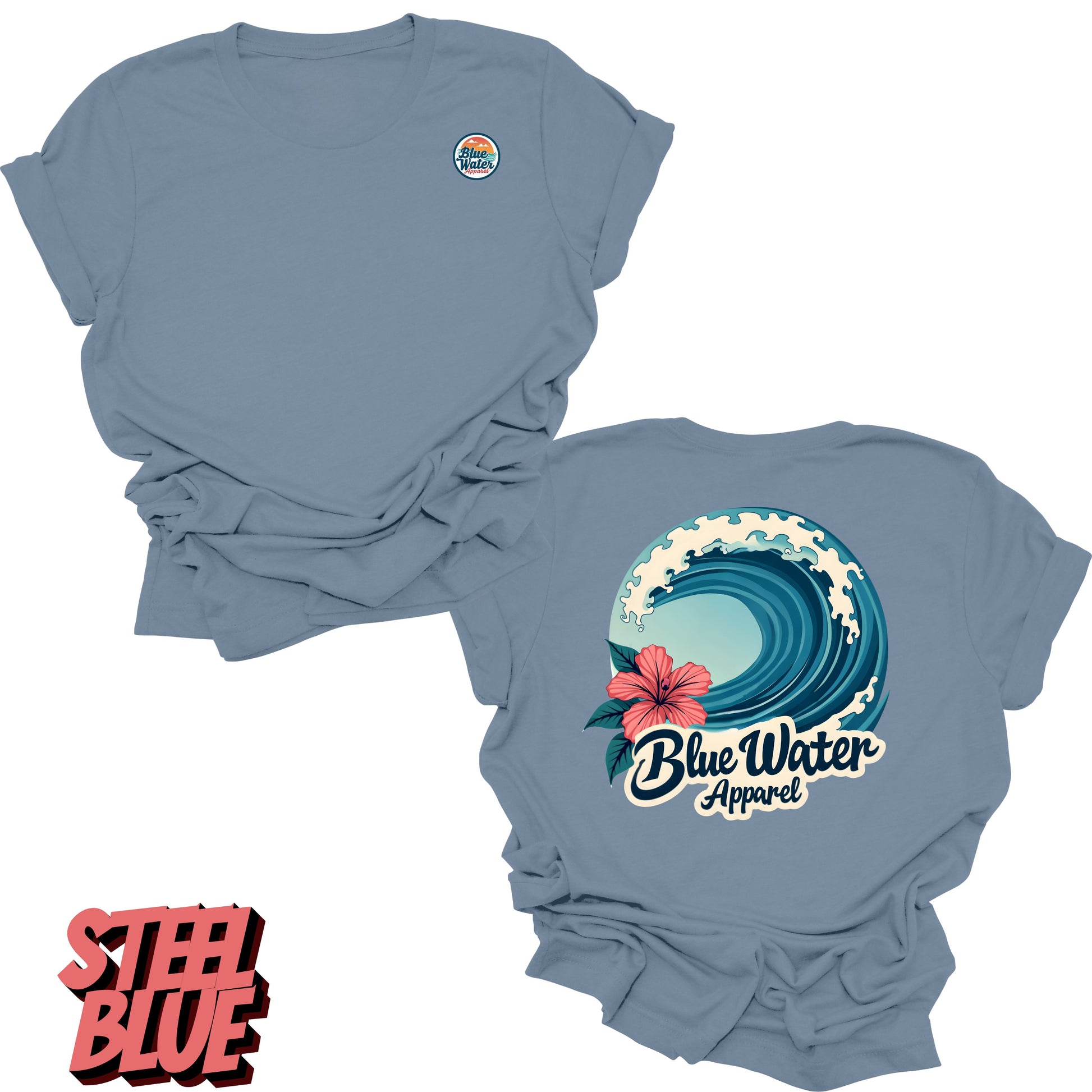Flat Lay steel blue back graphic of hibiscus wave by blue water apparel