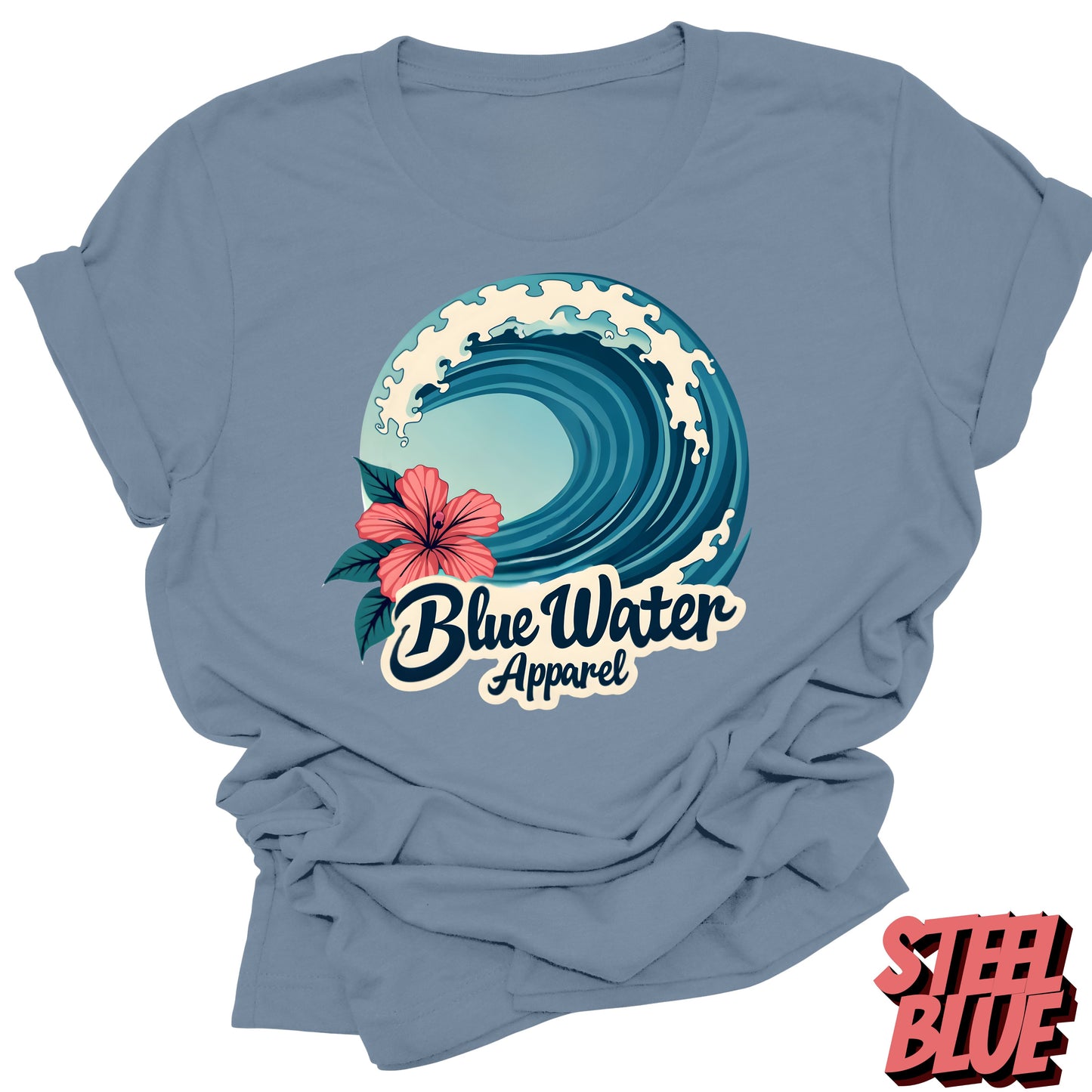 Front graphic steel blue hibiscus wave tee blue water apparel
