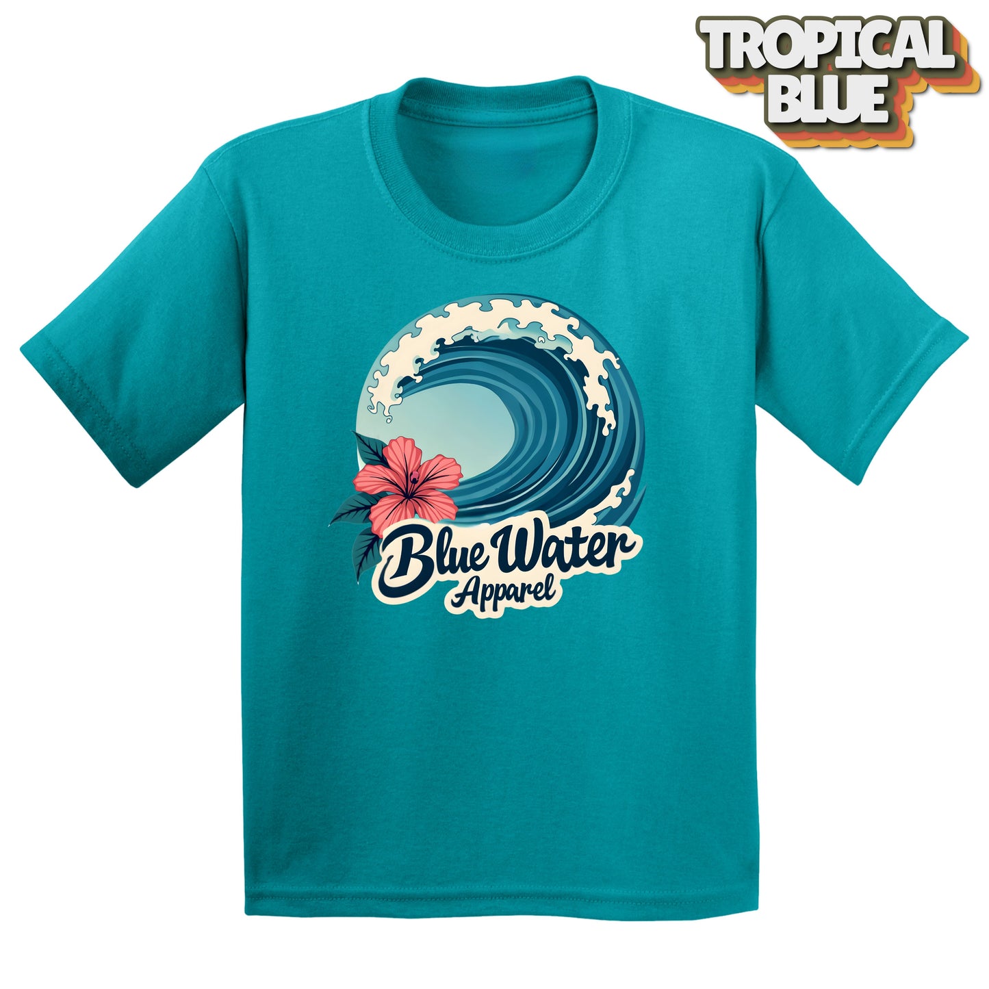 Flat lay of Tropical Blue Hibiscus Wave tee by Blue Water Apparel