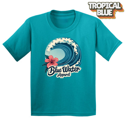 Flat lay of Tropical Blue Hibiscus Wave tee by Blue Water Apparel