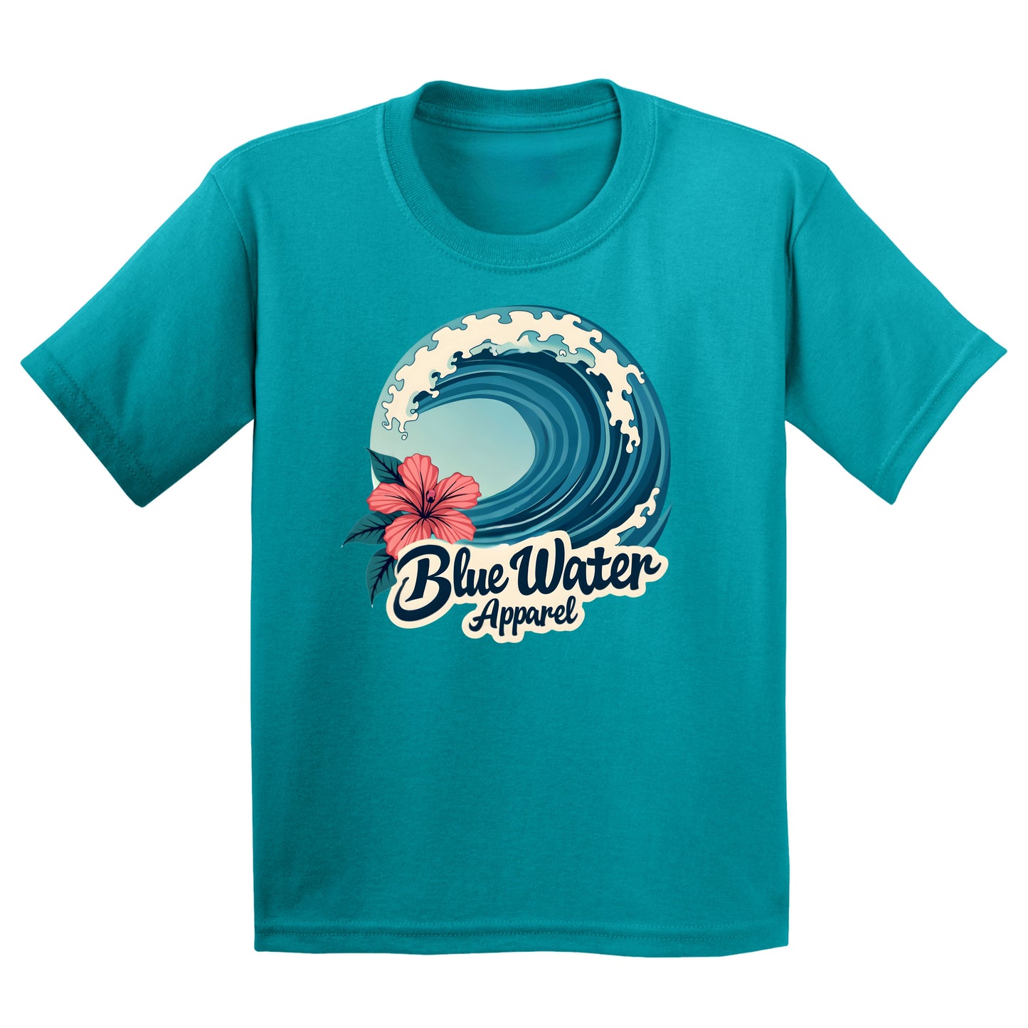 flat lay tropical blue hibiscus wave kids tee by blue water apparel