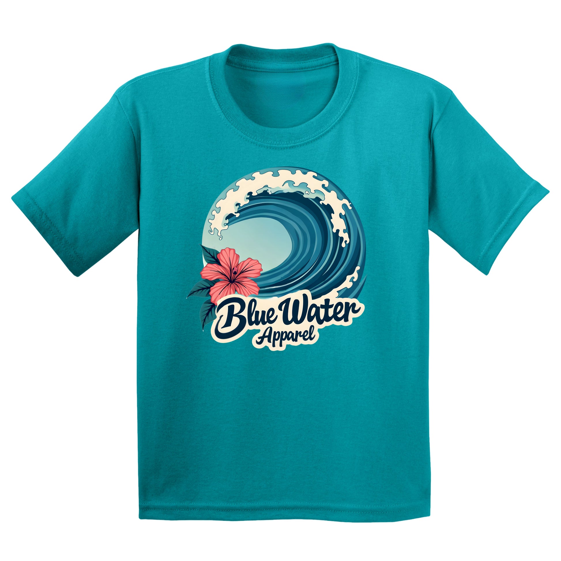 flat lay tropical blue hibiscus wave kids tee by blue water apparel