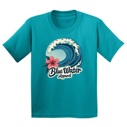 flat lay tropical blue hibiscus wave kids tee by blue water apparel