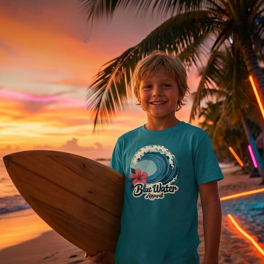 child model on sunset beach holding surfboard wearing tropical blue hibiscus wave kids tee by blue water apparel