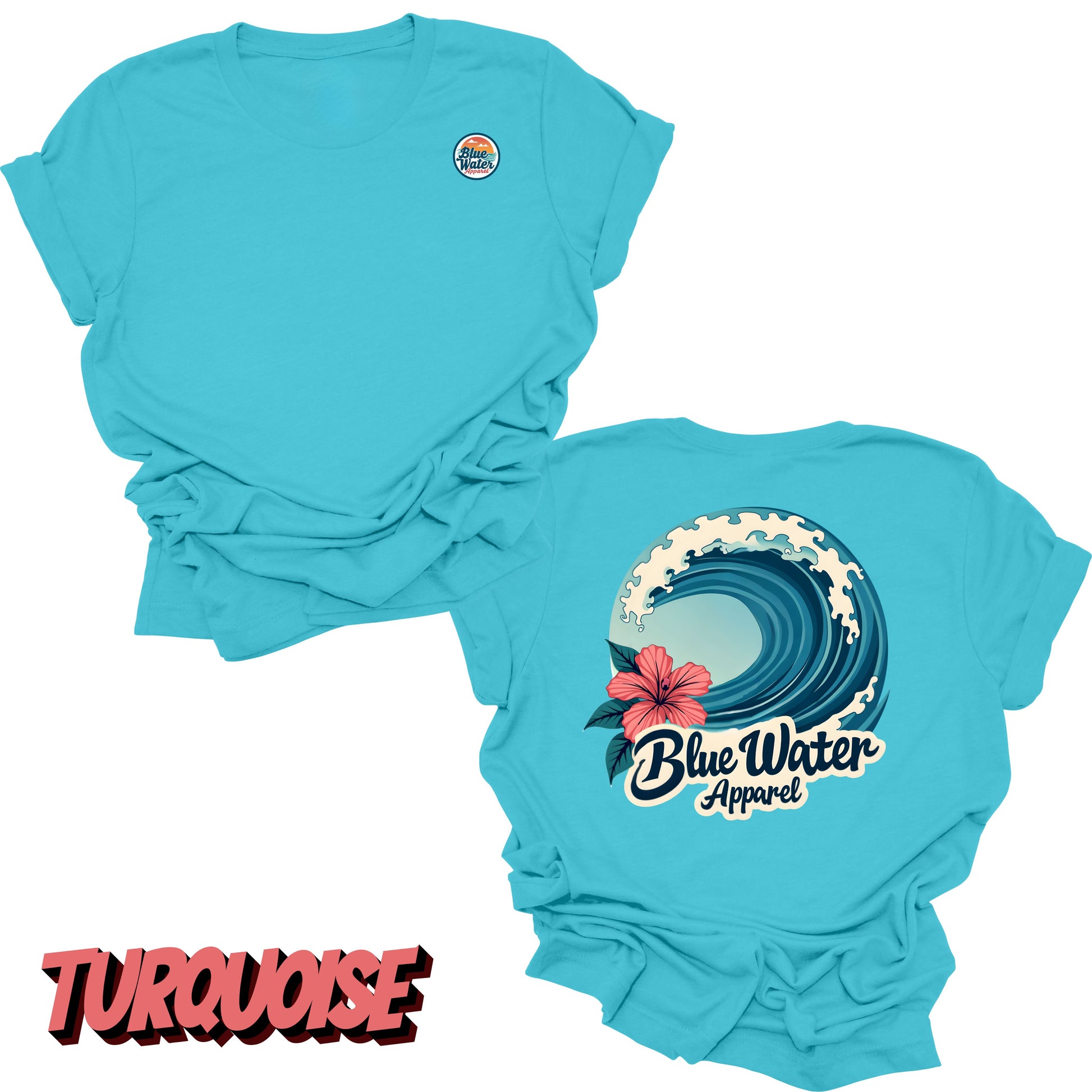 Flat Lay turquoise back graphic of hibiscus wave by blue water apparel