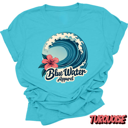 Front graphic turquoise hibiscus wave tee blue water apparel