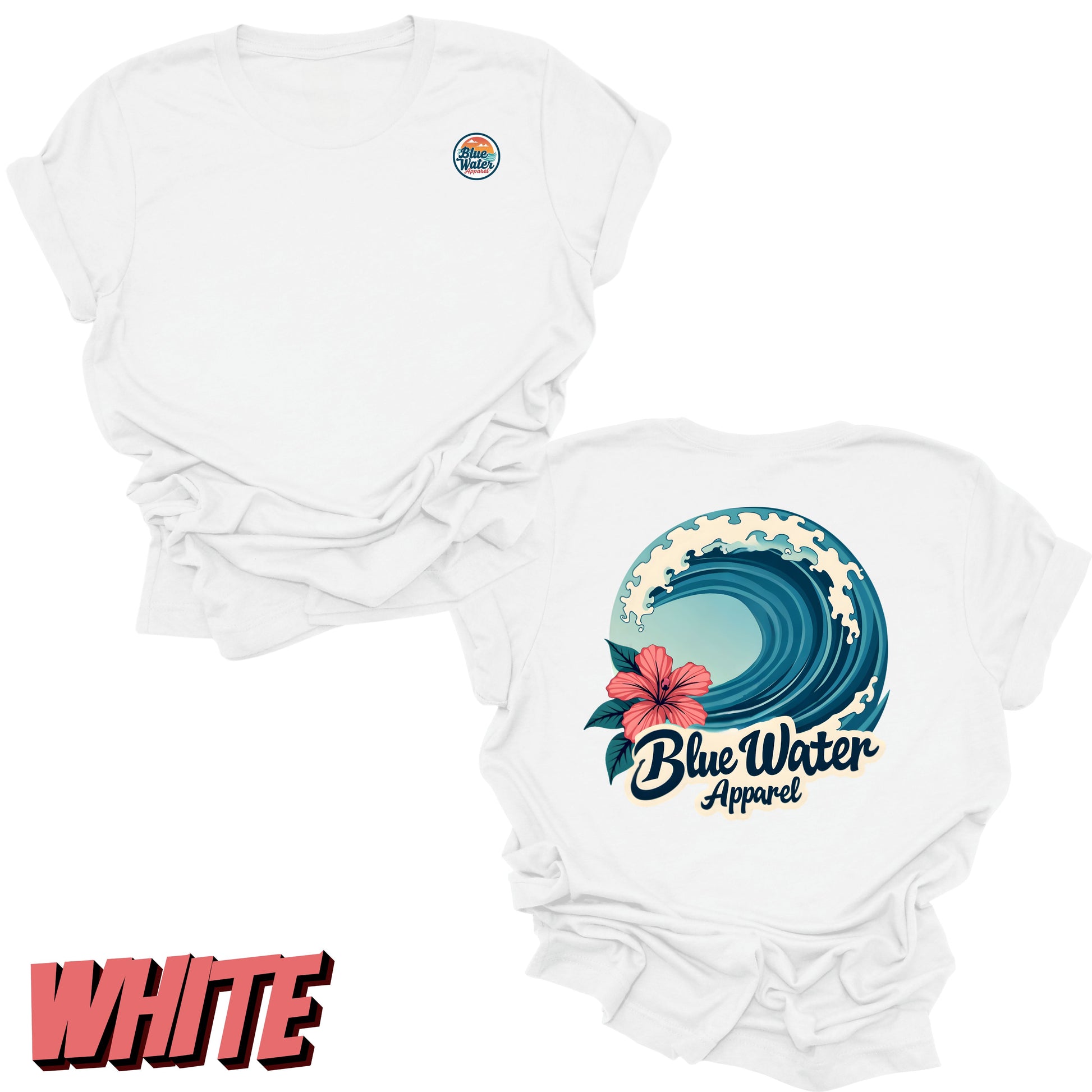 Flat Lay white back graphic of hibiscus wave by blue water apparel