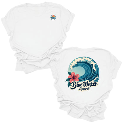 flat lay white hibiscus wave tee by blue water apparel