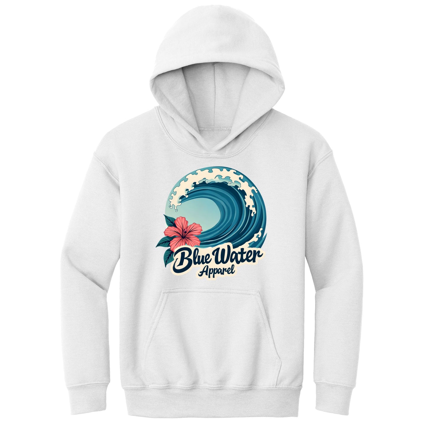 flat lay white hibiscus wave kids hoodie by blue water apparel
