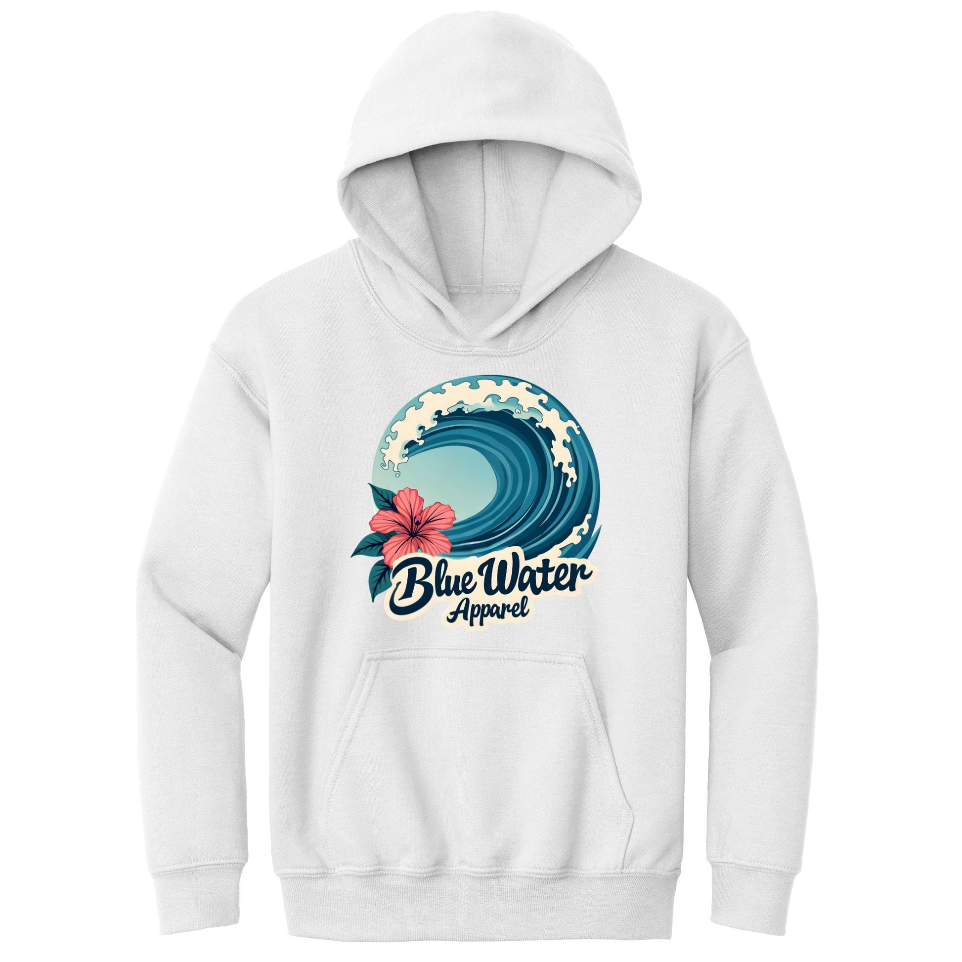flat lay white hibiscus wave kids hoodie by blue water apparel