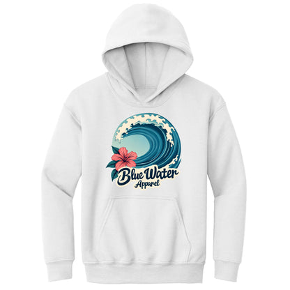flat lay white hibiscus wave kids hoodie by blue water apparel
