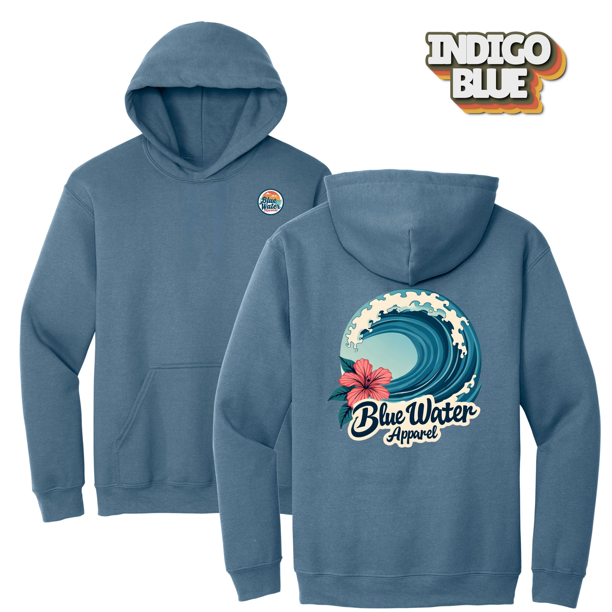 flat lay indigo blue hibiscus wave hoodie by blue water apparel