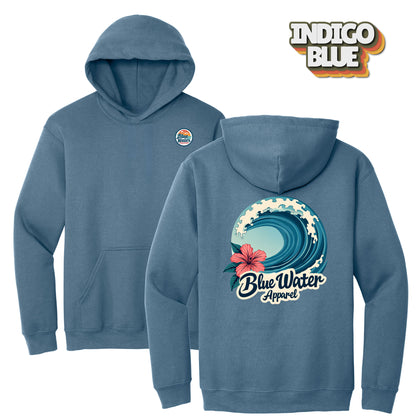 flat lay indigo blue hibiscus wave hoodie by blue water apparel
