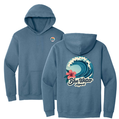 flat lay indigo blue hibiscus wave hoodie by blue water apparel