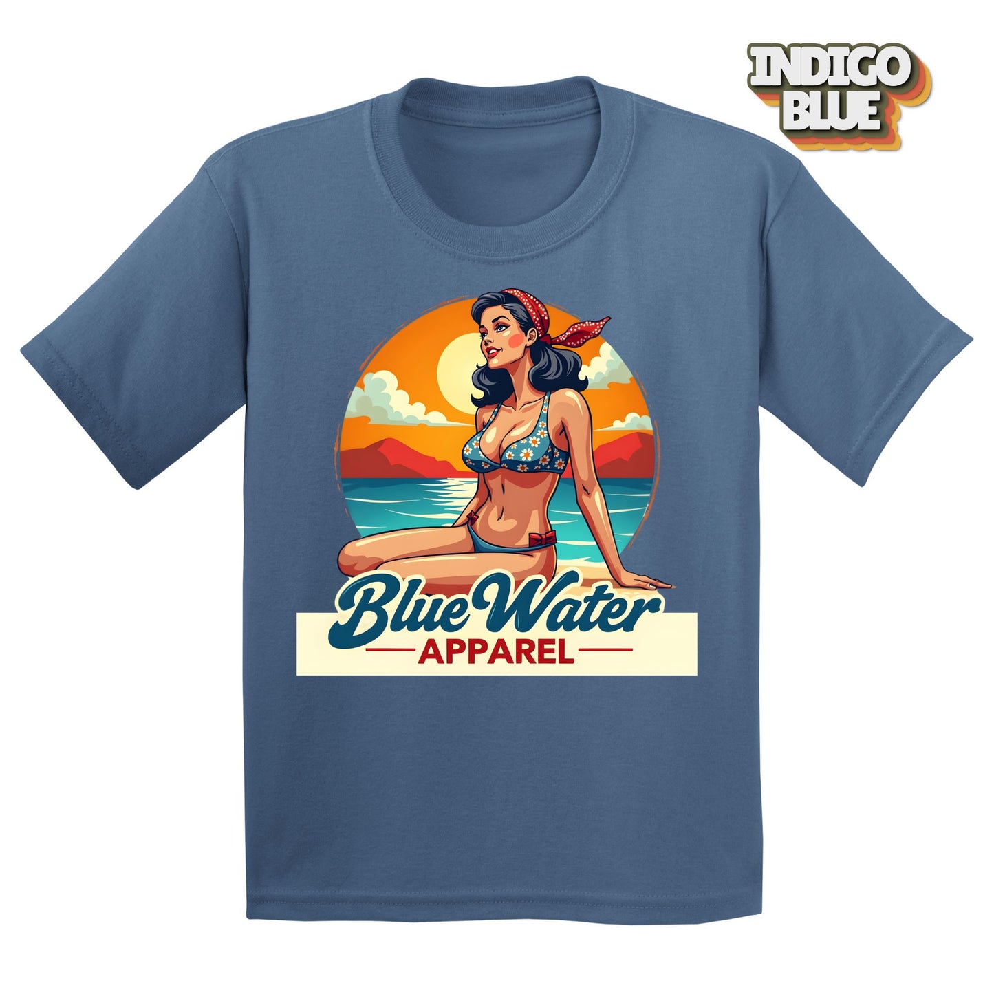 Flat lay Indigo Blue Vintage Pin-Up tee by Blue Water Apparel